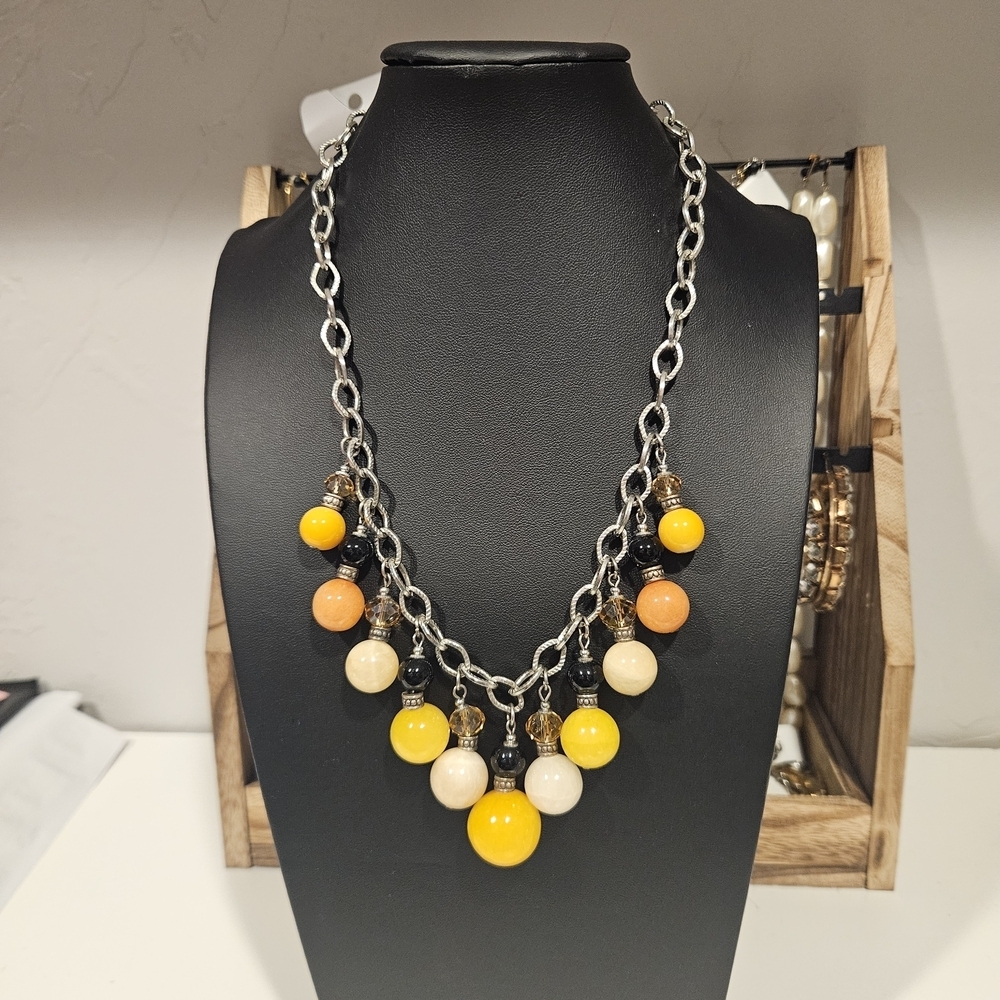 Chunky Yellow Black Silver Chain Glass Beaded Necklace Y2K Dangle Statement